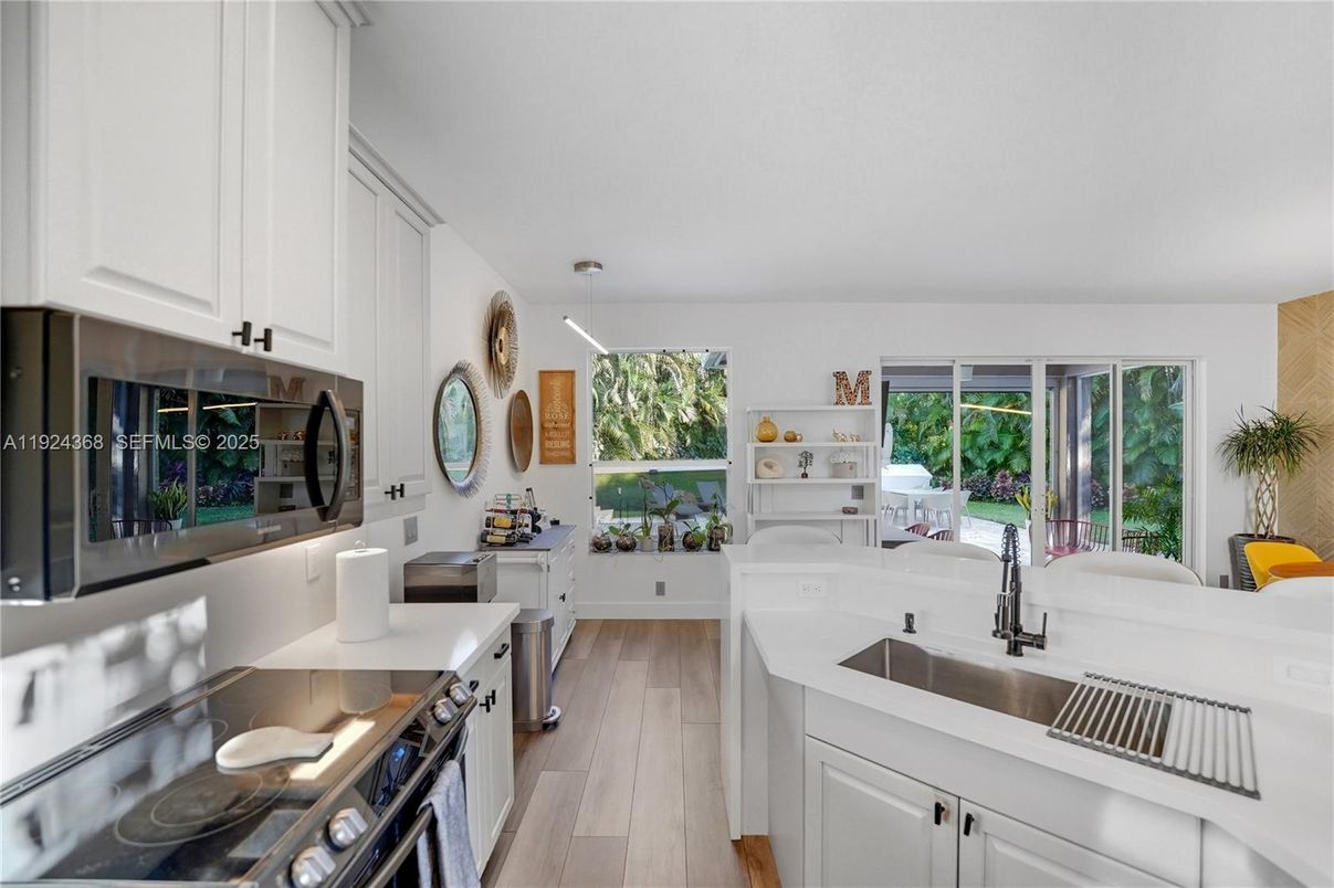Interior, Kitchen, Pendant Lights, Stainless Steel Appliances, Wood Texture Flooring