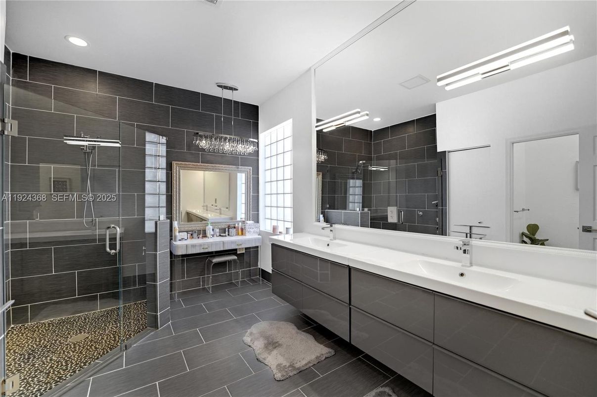 Bathroom, Dual Sink Vanities, Glass Shower, Interior, Pendant Lights, Recessed Lighting