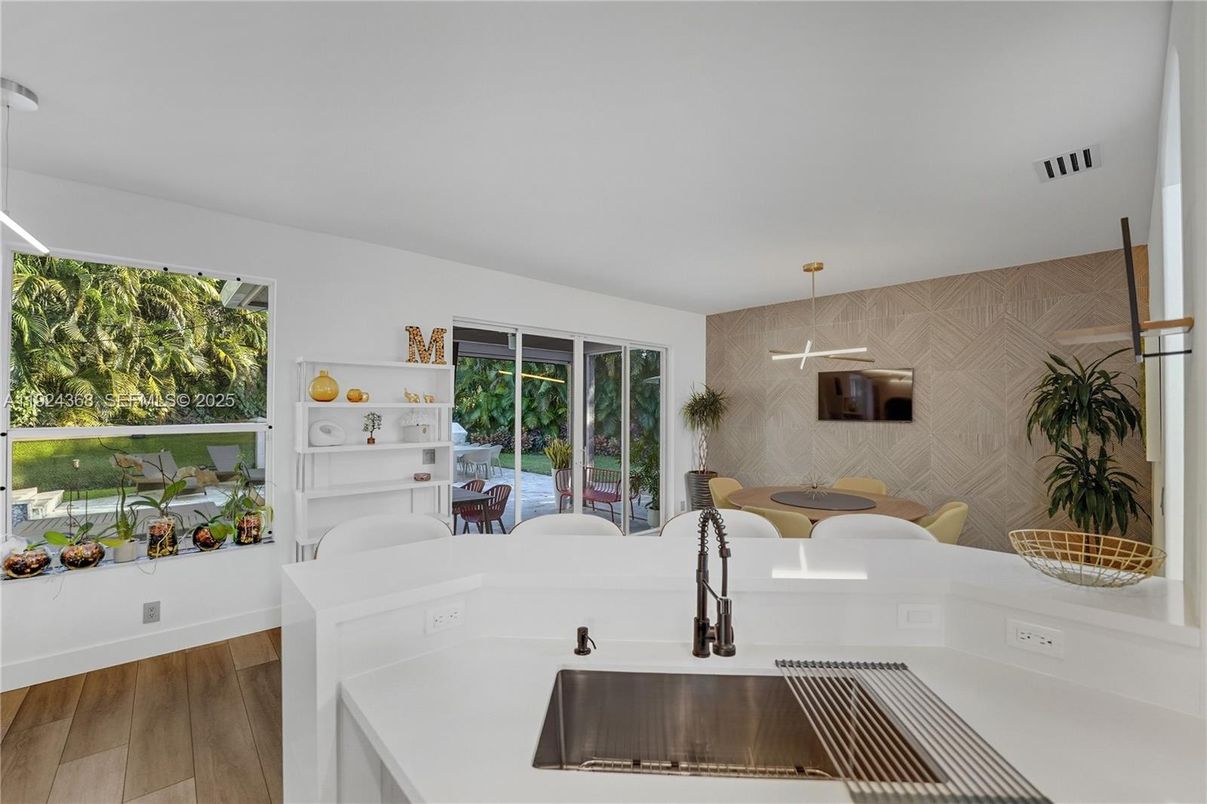 Dining room, Interior, Pendant Lights, Wood Texture Flooring
