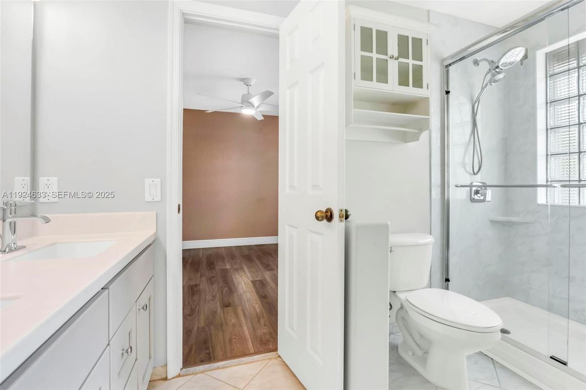 Bathroom, Glass Shower, Interior, Wood Texture Flooring