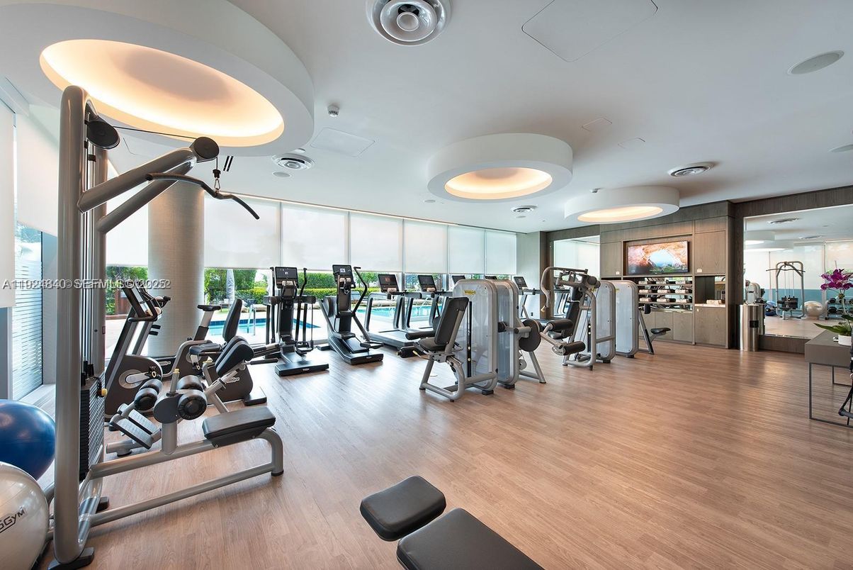 Fitness Equipment, Gym, Interior, Recessed Lighting, Wood Texture Flooring