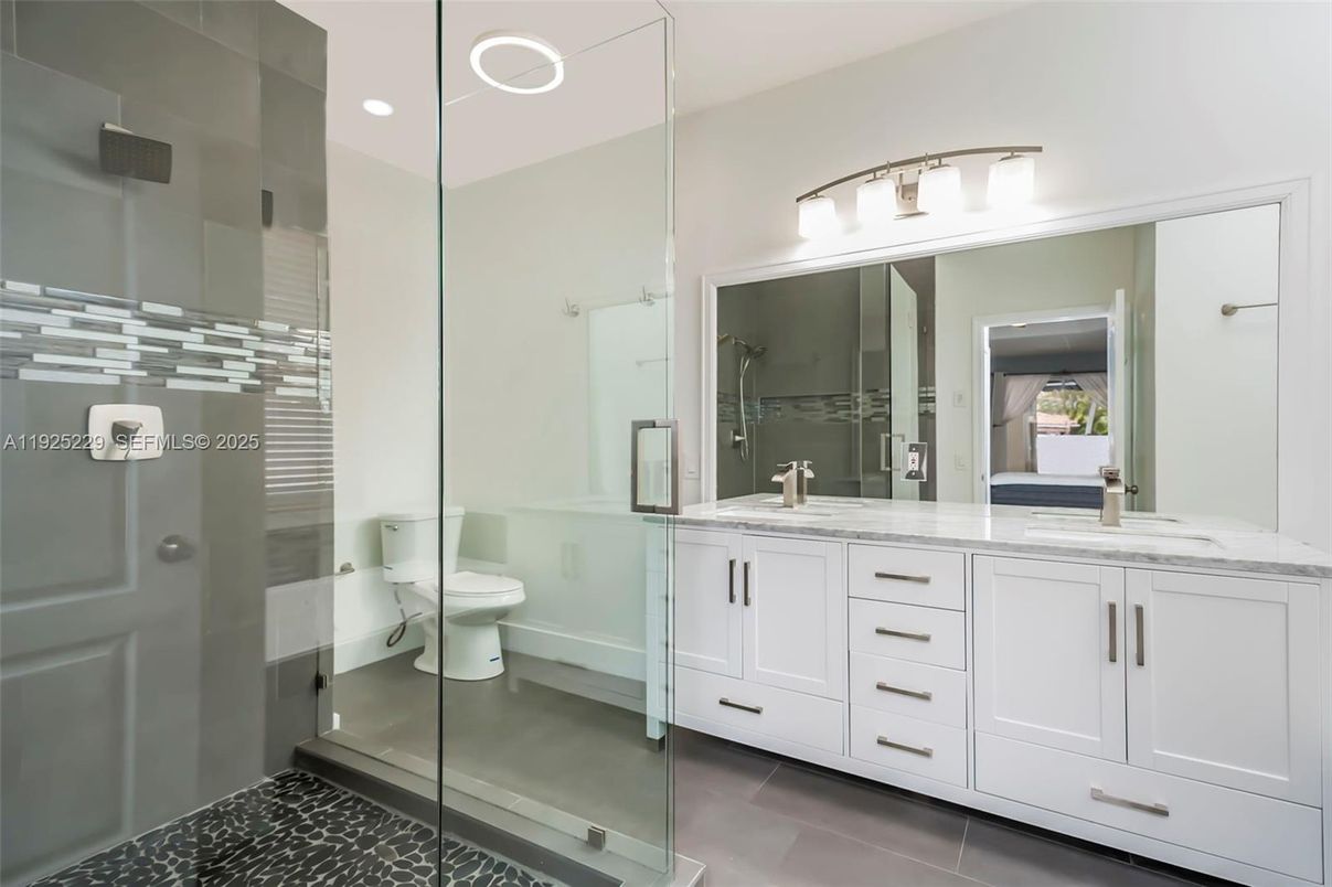 Bathroom, Dual Sink Vanities, Glass Shower, Interior, Recessed Lighting
