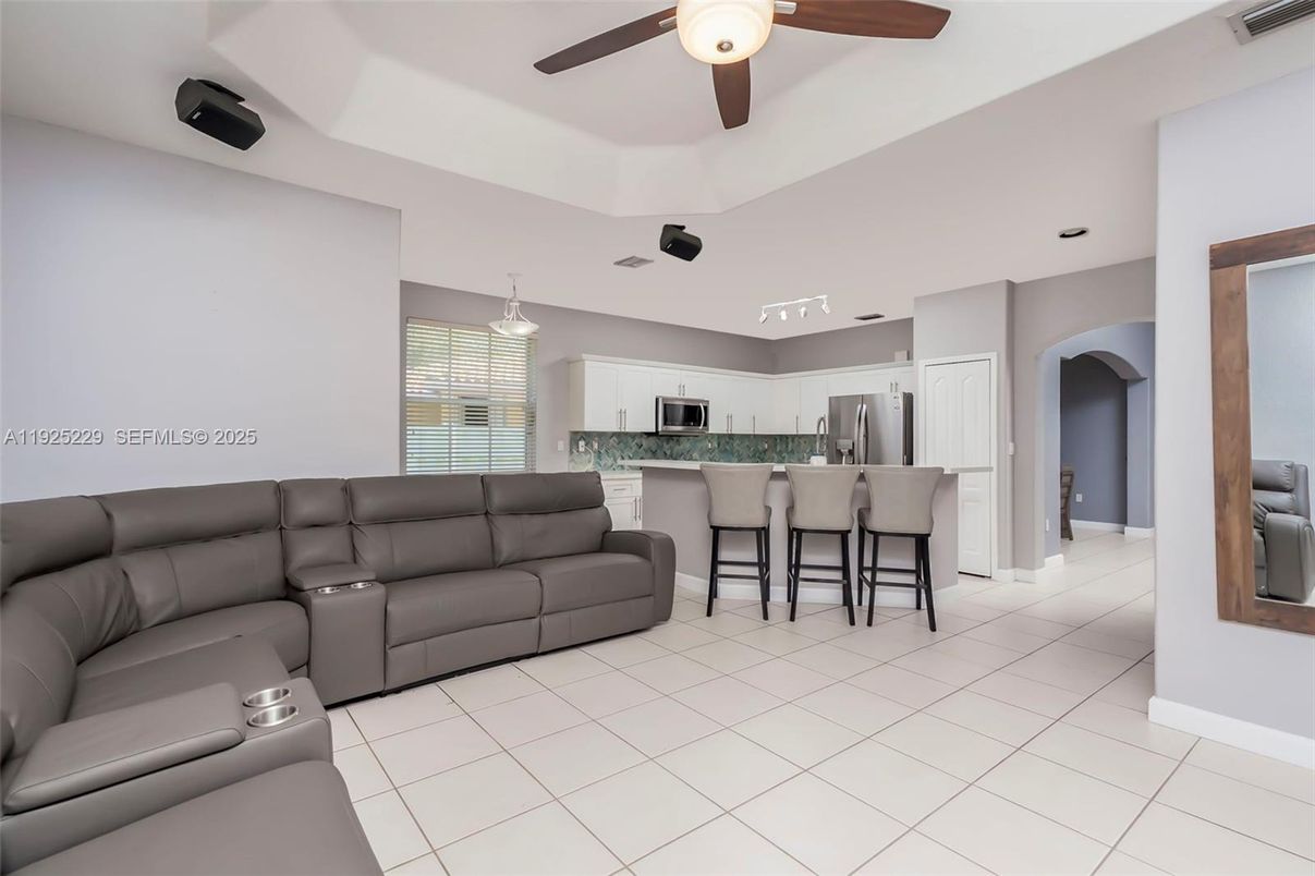 Home Theatre Room, Interior, Kitchen, Living room, Pendant Lights, Stainless Steel Appliances