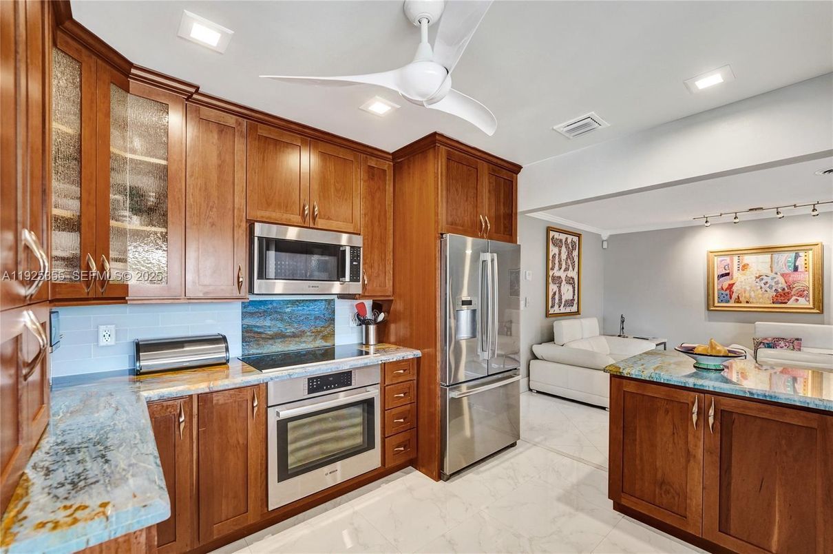 Interior, Kitchen, Marble, Recessed Lighting, Stainless Steel Appliances