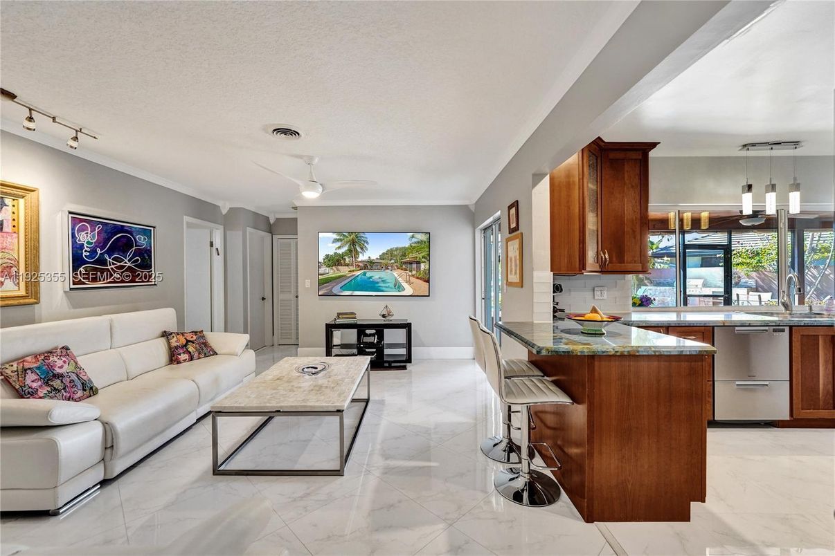 Interior, Kitchen, Living room, Marble, Pendant Lights