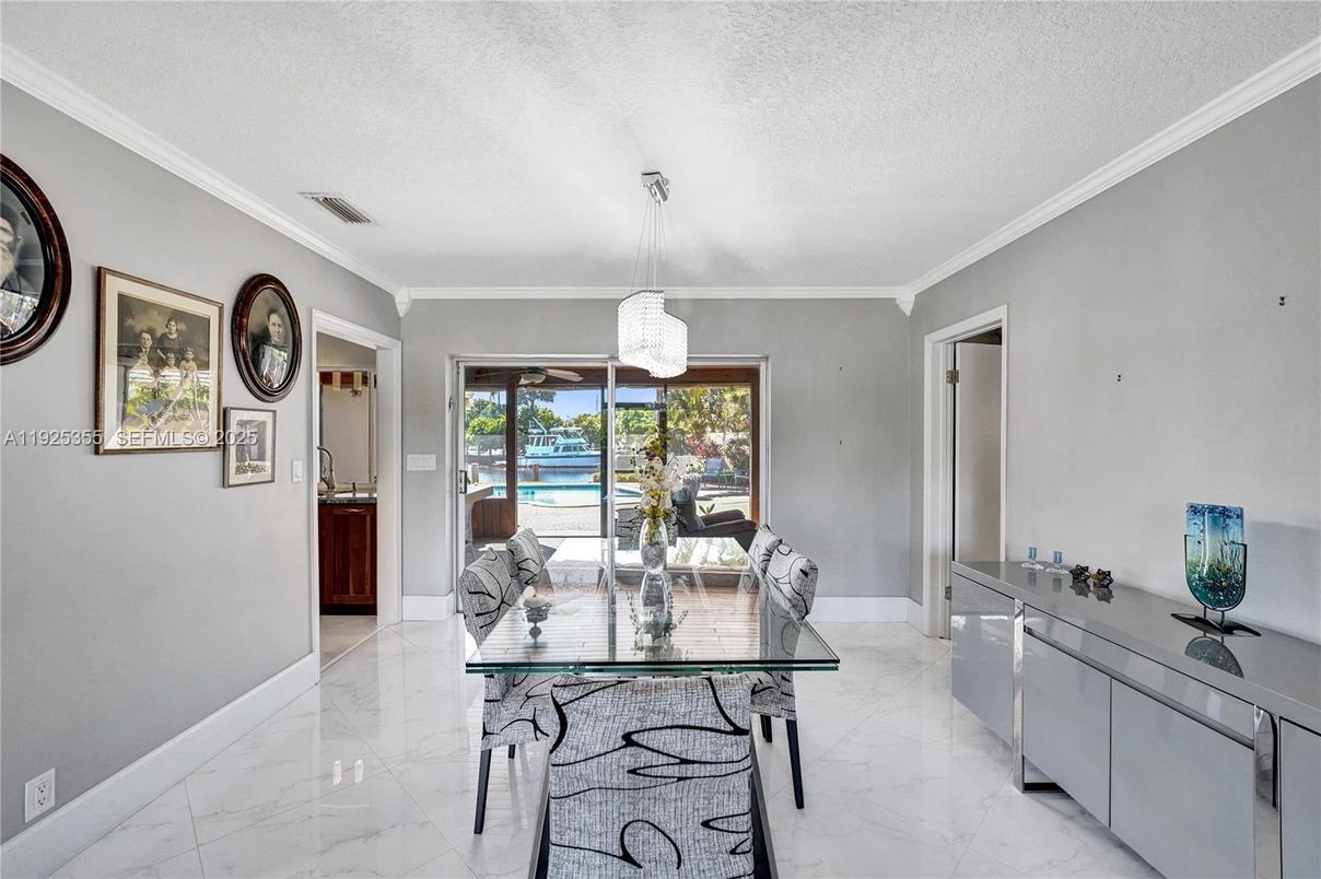 Dining room, Interior, Marble, Pendant Lights, Water