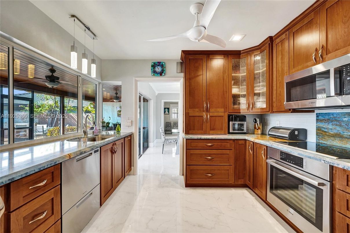 Interior, Kitchen, Marble, Pendant Lights, Stainless Steel Appliances