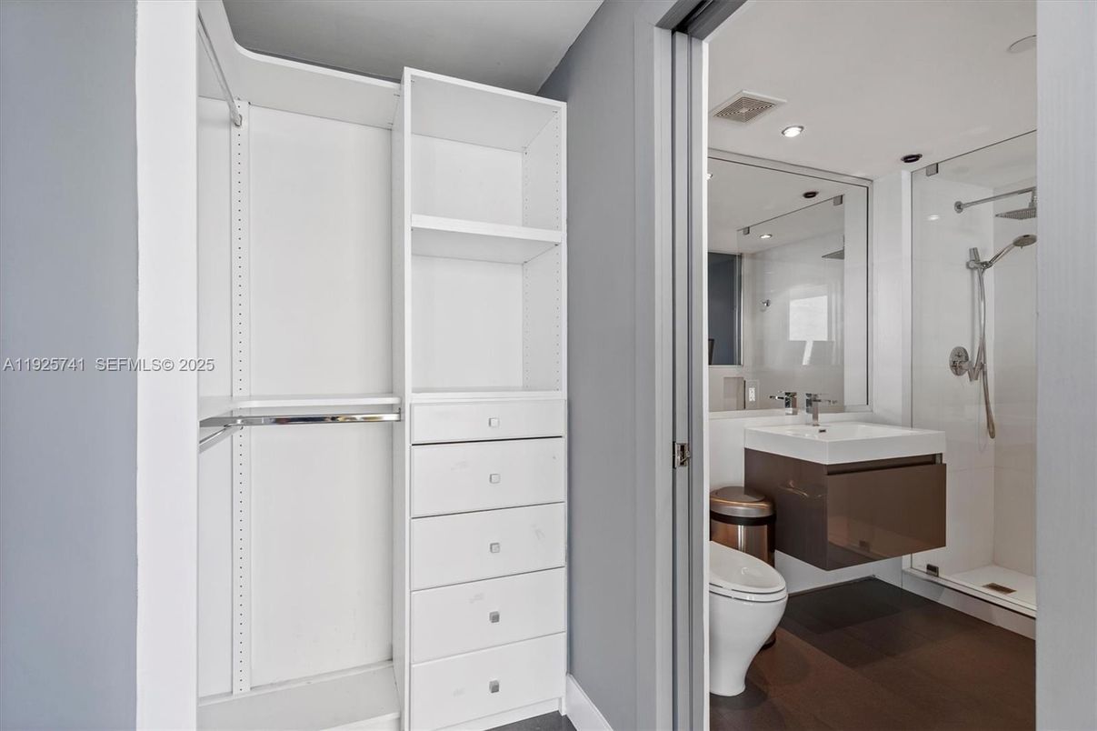 Bathroom, Glass Shower, Interior, Recessed Lighting, Wood Texture Flooring