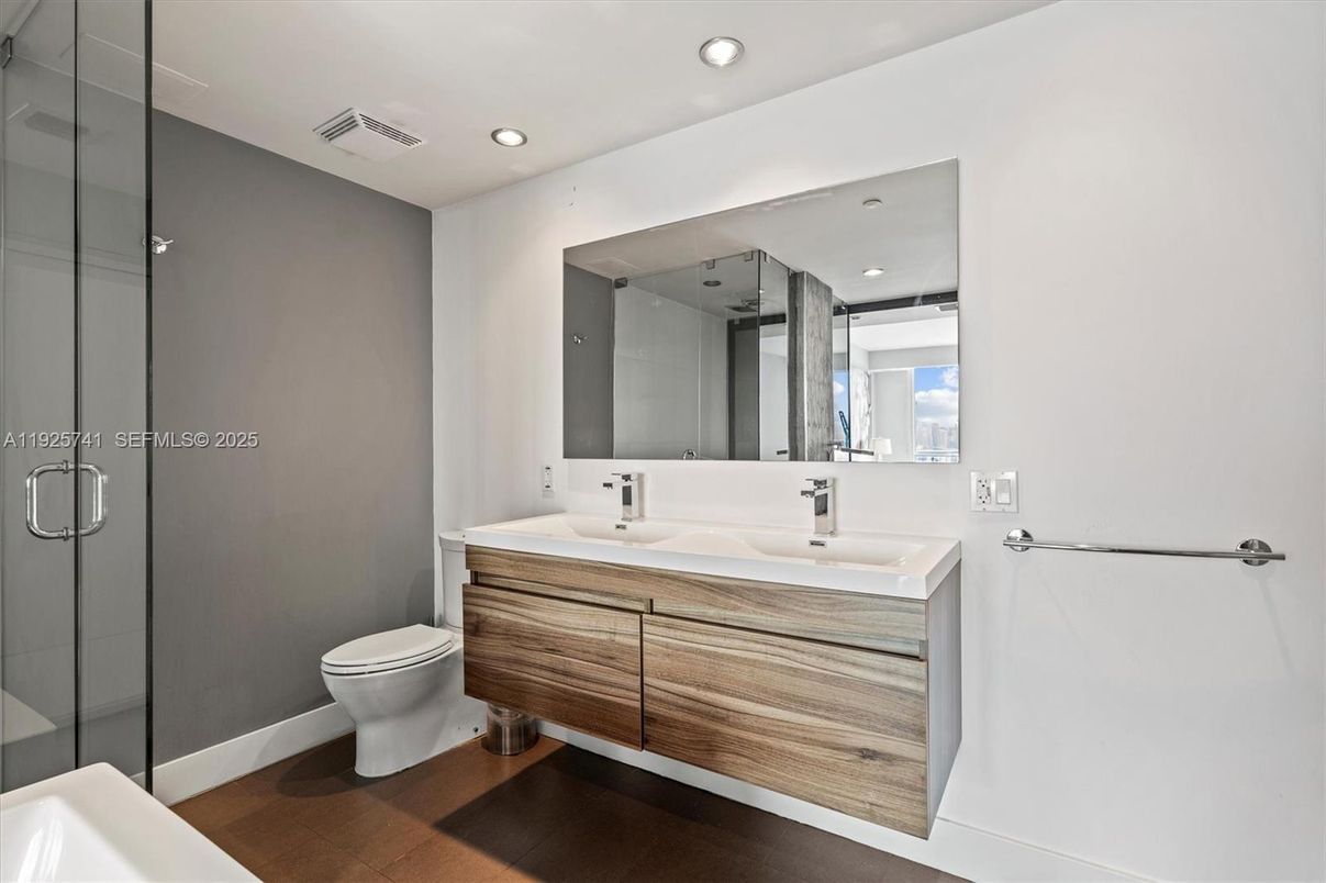 Bathroom, Glass Shower, Interior, Recessed Lighting, Wood Texture Flooring