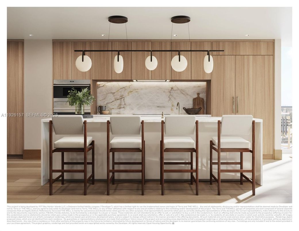 Interior, Kitchen, Marble Walls, Pendant Lights, Recessed Lighting, Wood Texture Flooring