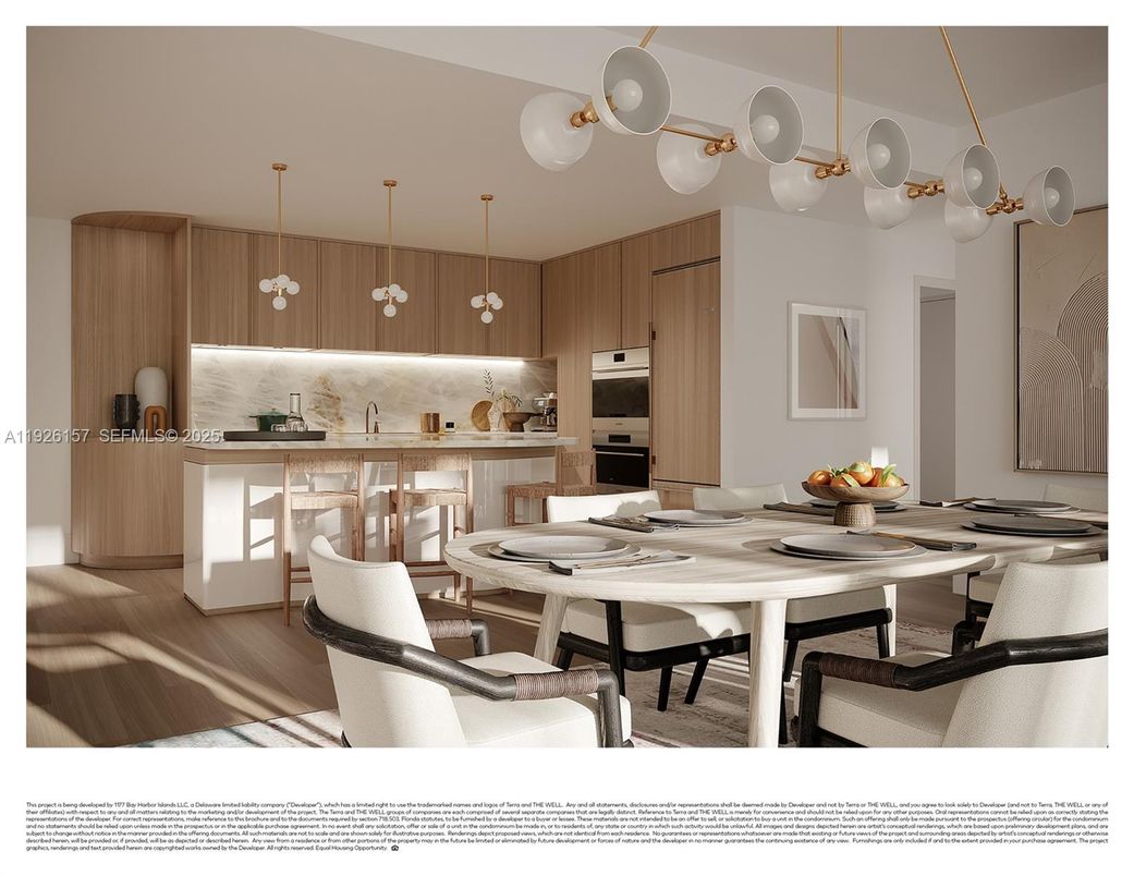 Dining room, Interior, Kitchen, Pendant Lights, Stainless Steel Appliances, Wood Texture Flooring