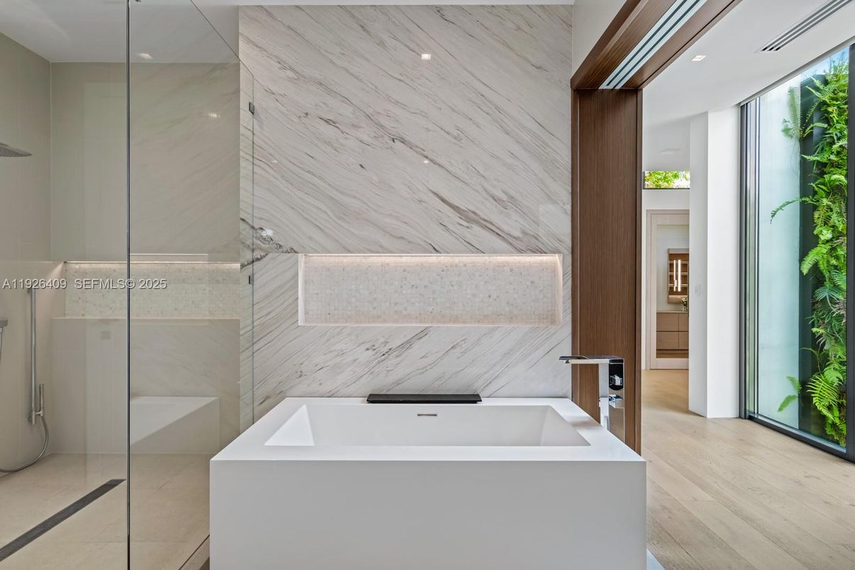 Bathroom, Glass Shower, Interior, Marble Walls, Recessed Lighting, Wood Texture Flooring