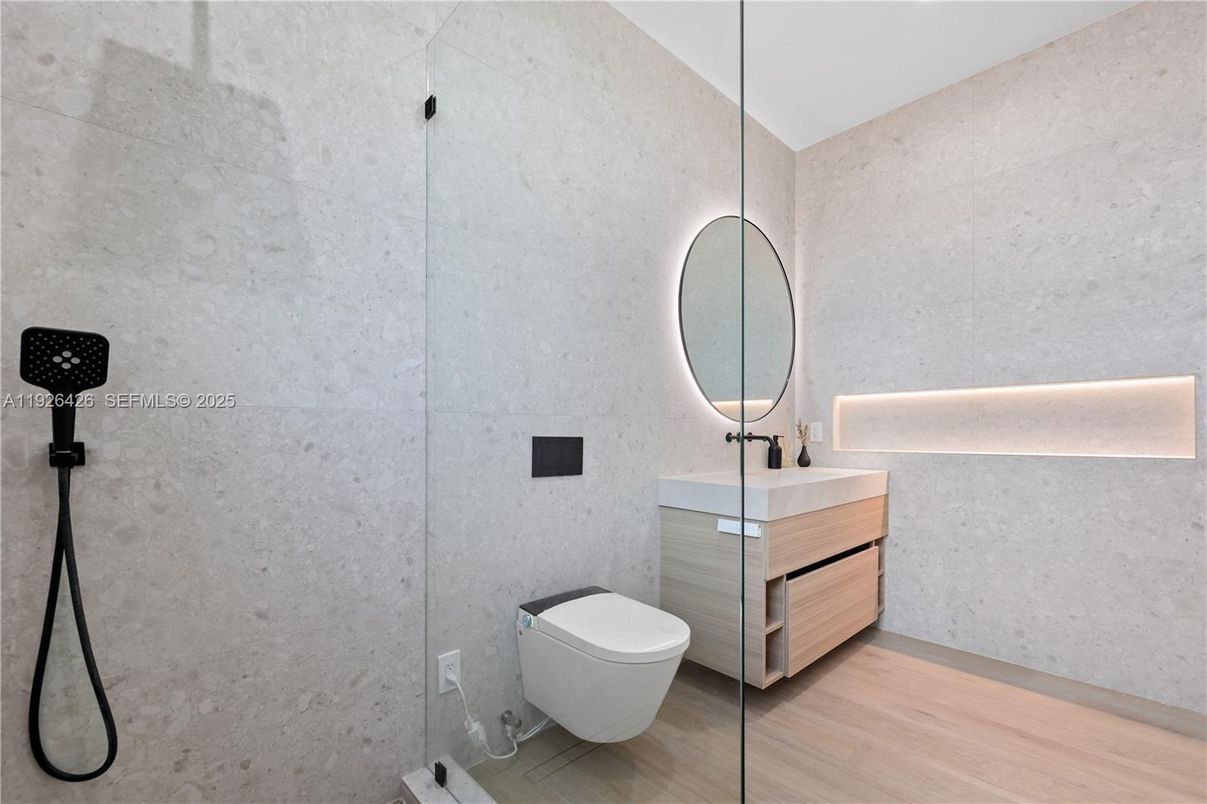 Bathroom, Glass Shower, Interior, Wood Texture Flooring