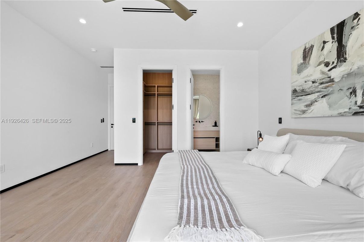 Bedroom, Interior, Recessed Lighting, Wood Texture Flooring