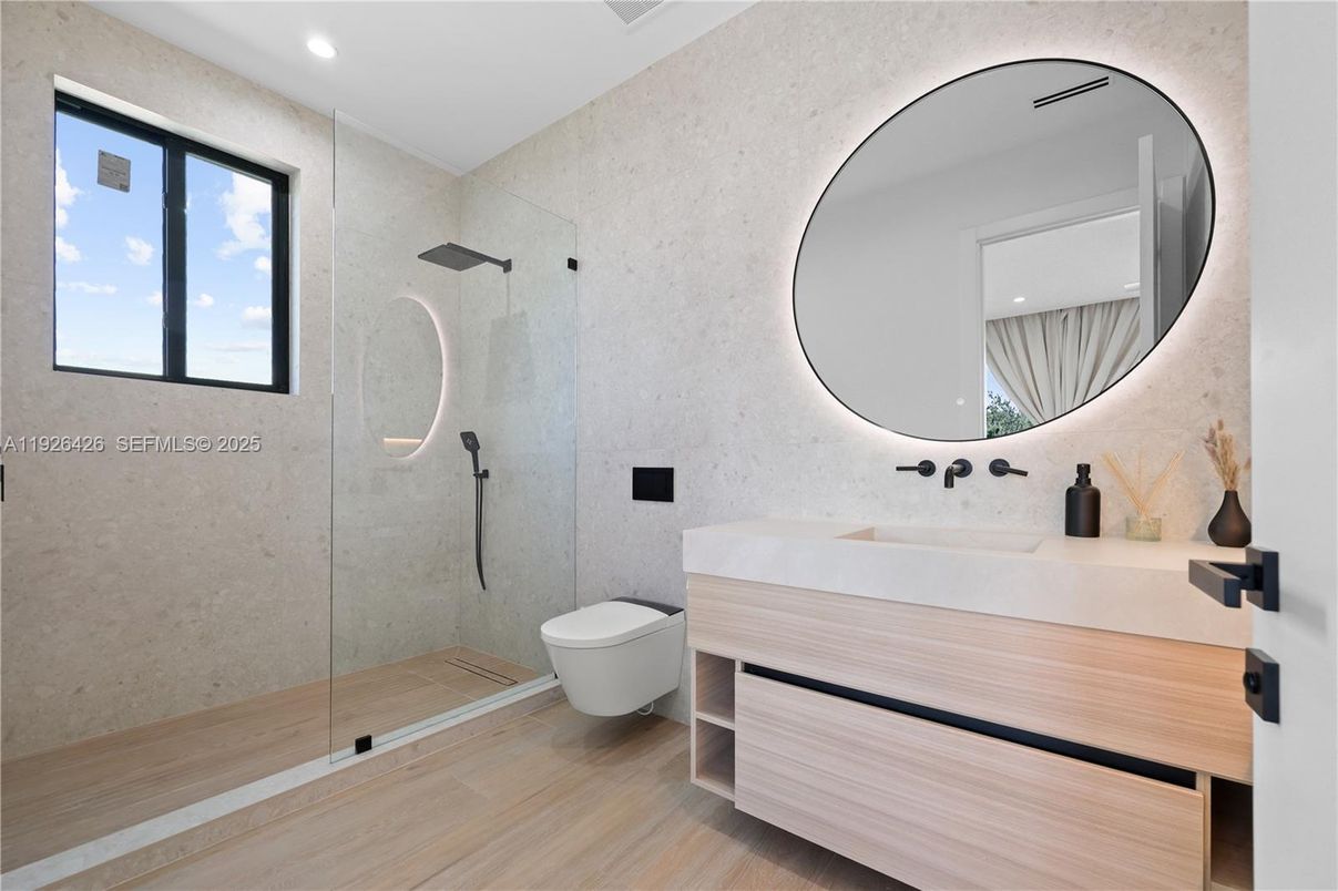 Bathroom, Glass Shower, Interior, Recessed Lighting, Wood Texture Flooring