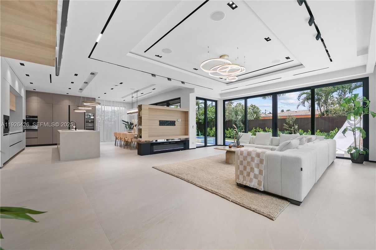 Dining room, Interior, Kitchen, Living room, Pendant Lights, Recessed Lighting, Wooden Walls