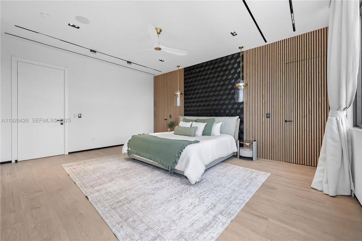 Bedroom, Interior, Pendant Lights, Wood Texture Flooring, Wooden Walls