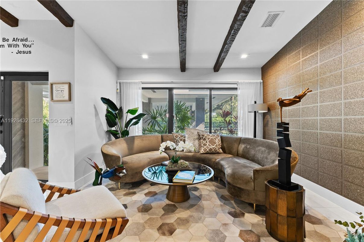 Interior, Living room, Recessed Lighting, Wooden Beams