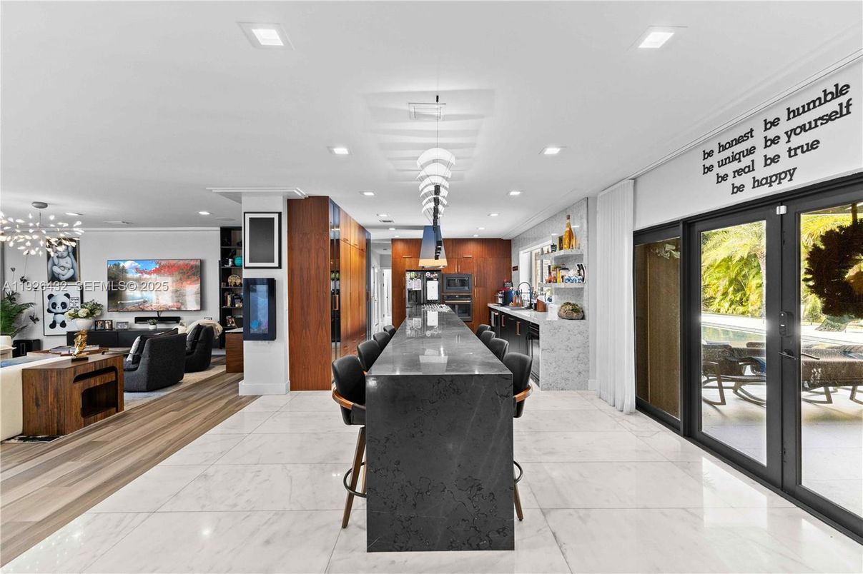 Interior, Kitchen, Living room, Marble, Pendant Lights, Recessed Lighting, Stainless Steel Appliances