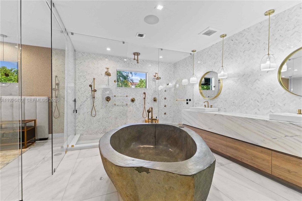 Bathroom, Dual Sink Vanities, Glass Shower, Interior, Marble Walls, Pendant Lights, Recessed Lighting, Water