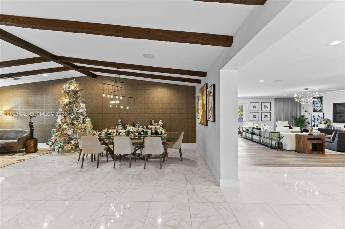 Chandelier, Dining room, Interior, Living room, Marble, Pendant Lights, Recessed Lighting, Wooden Beams