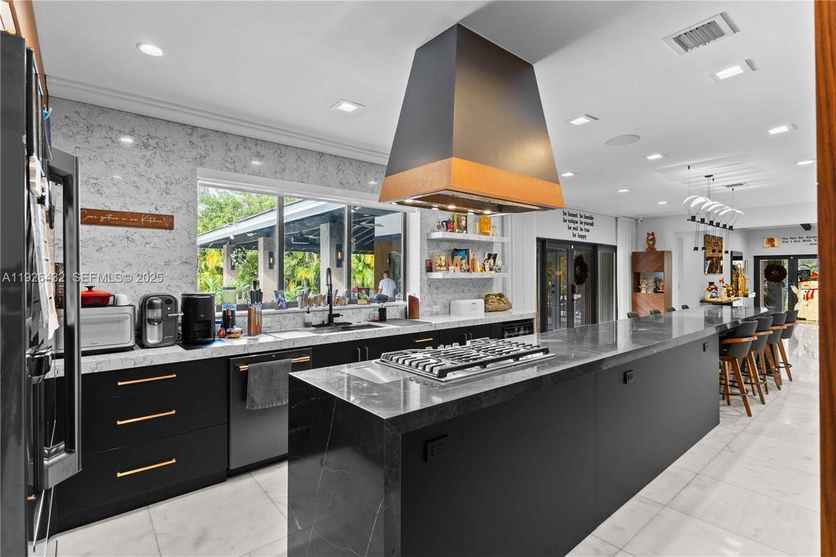 Interior, Kitchen, Marble, Pendant Lights, Recessed Lighting, Stainless Steel Appliances