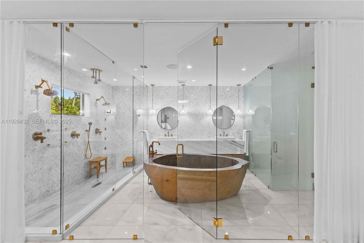 Bathroom, Free Standing Baths, Glass Shower, Interior, Marble, Marble Walls, Recessed Lighting