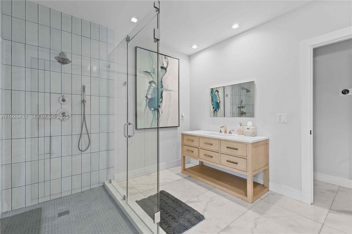 Bathroom, Dual Sink Vanities, Glass Shower, Interior, Marble, Recessed Lighting