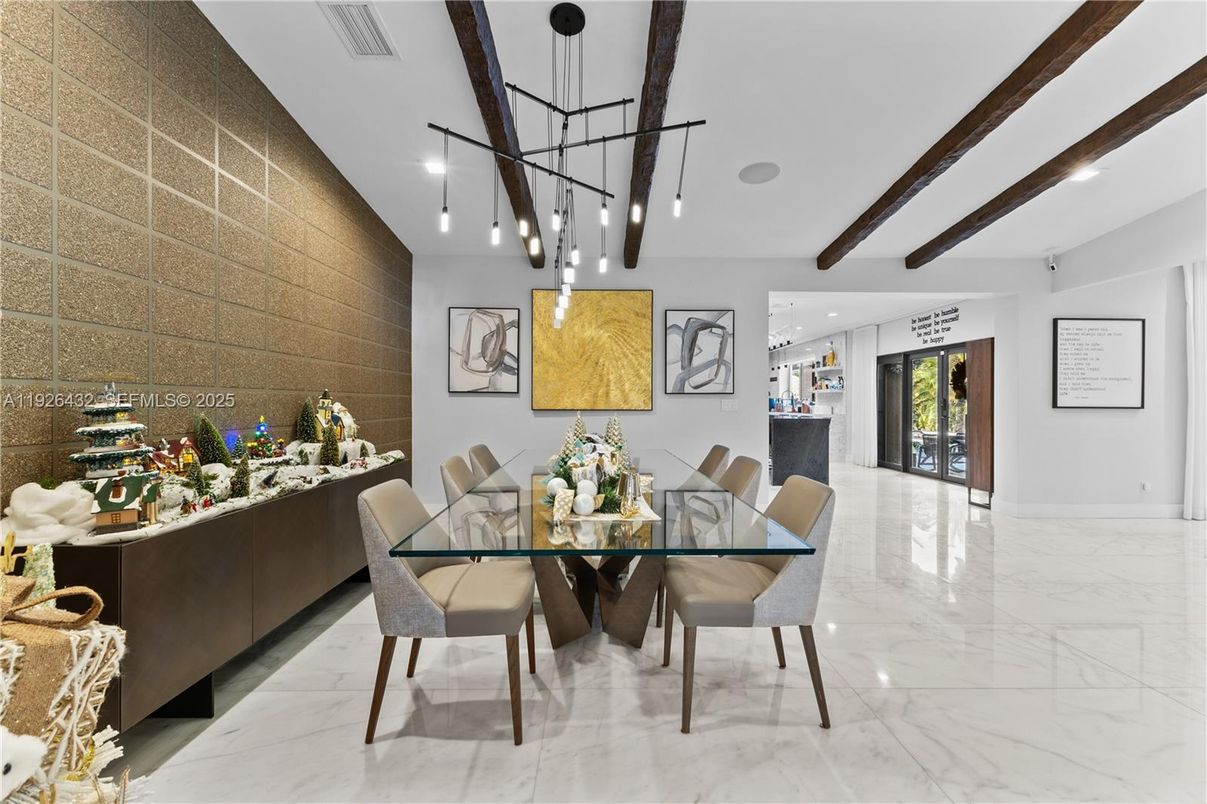 Dining room, Interior, Marble, Pendant Lights, Recessed Lighting, Wooden Beams