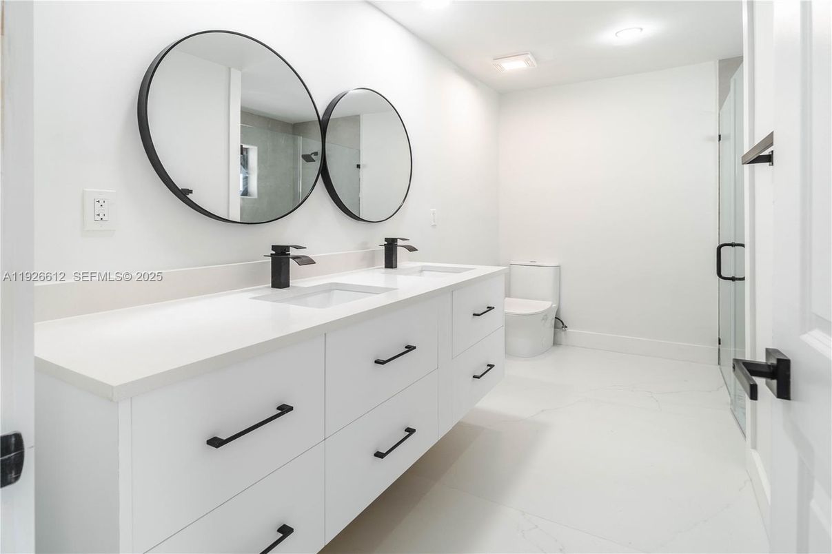 Bathroom, Dual Sink Vanities, Glass Shower, Interior, Marble, Recessed Lighting