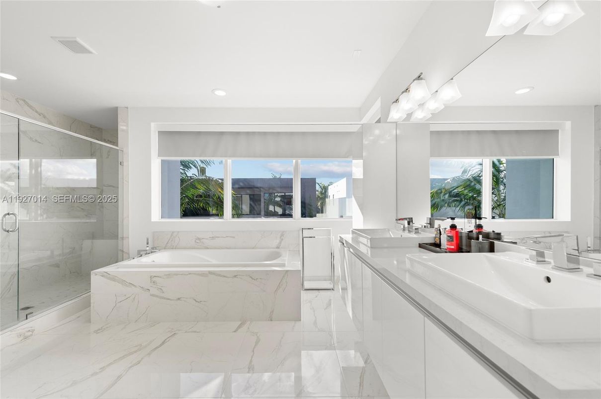 Bathroom, Dual Sink Vanities, Glass Shower, Interior, Marble, Marble Walls, Recessed Lighting