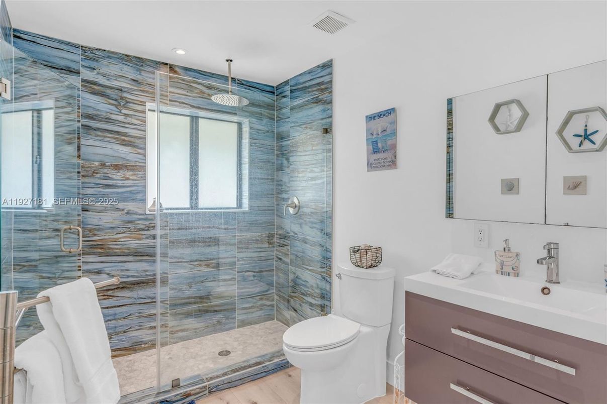 Bathroom, Glass Shower, Interior, Recessed Lighting, Wood Texture Flooring