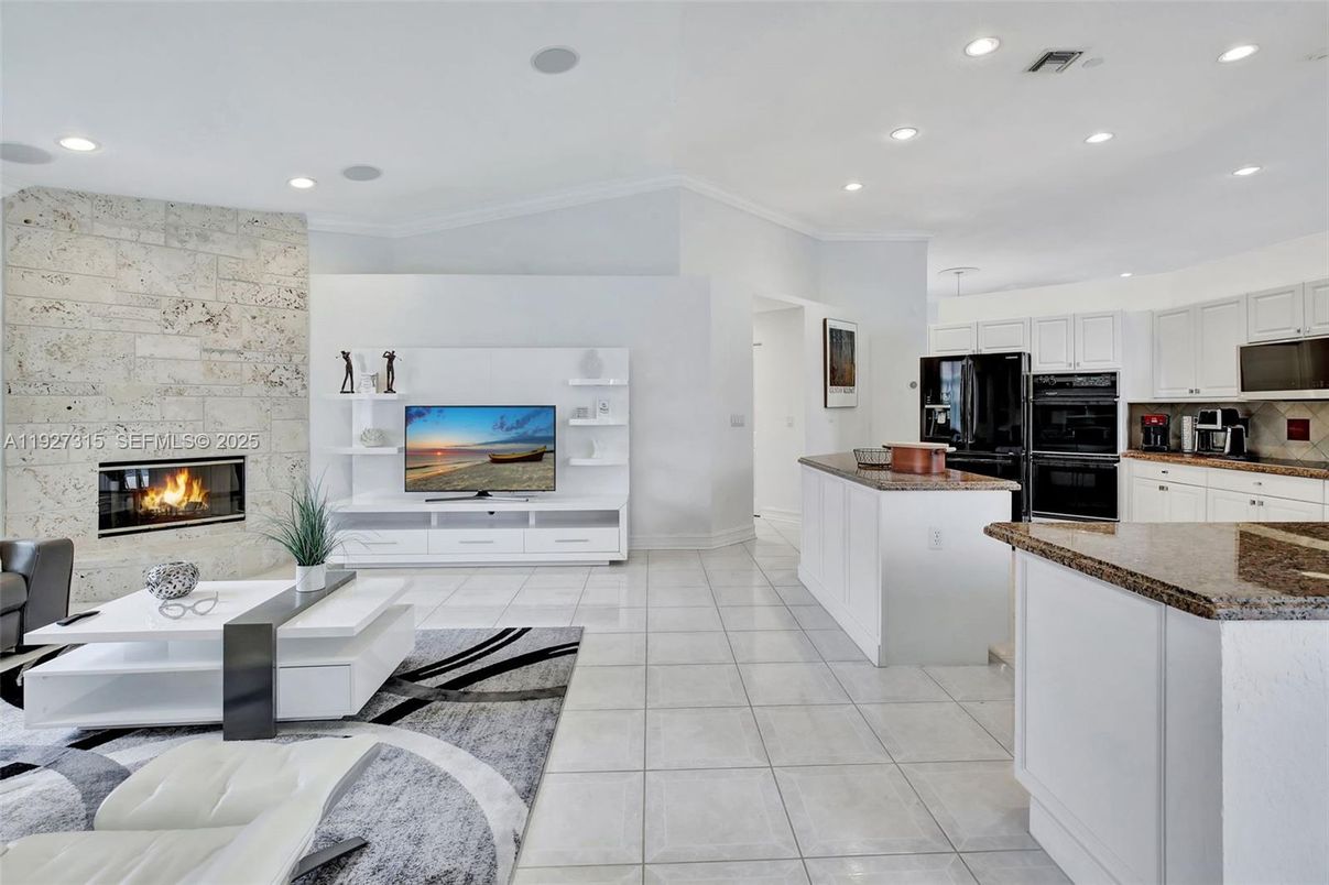 Fireplace, Interior, Kitchen, Living room, Pendant Lights, Recessed Lighting, Stone Walls