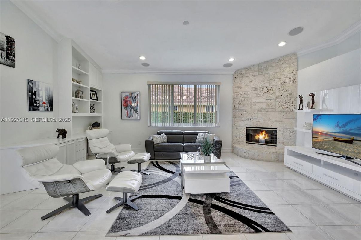 Fireplace, Interior, Living room, Recessed Lighting, Stone Walls