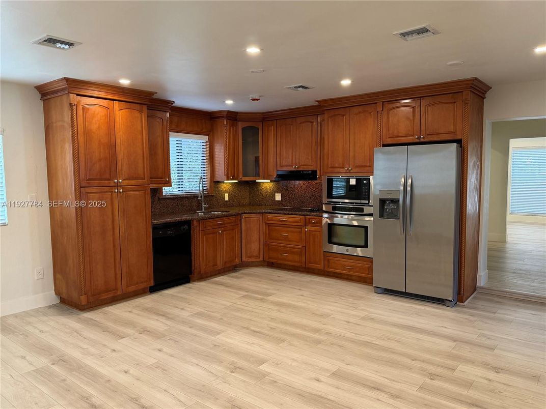 Interior, Kitchen, Recessed Lighting, Stainless Steel Appliances, Wood Texture Flooring