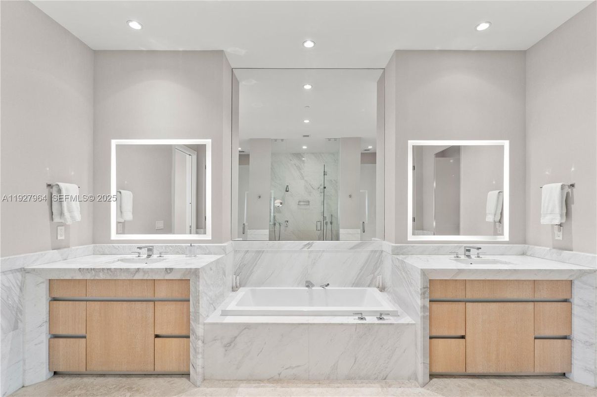 Bathroom, Dual Sink Vanities, Interior, Marble, Marble Walls, Recessed Lighting