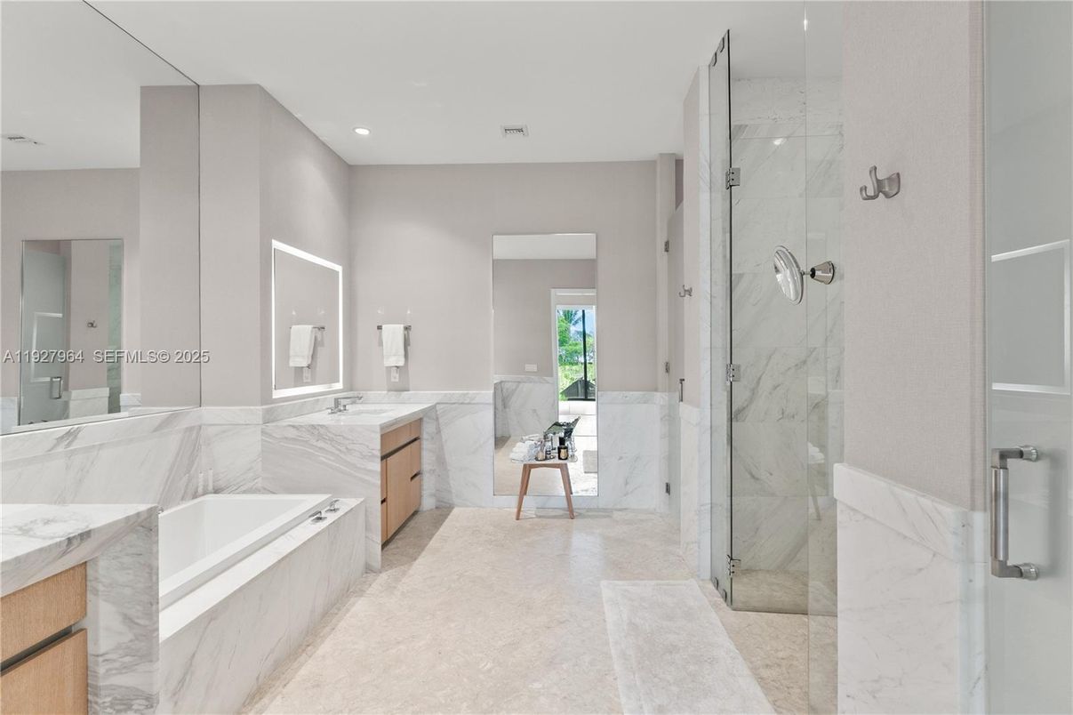 Bathroom, Glass Shower, Interior, Marble Walls, Recessed Lighting