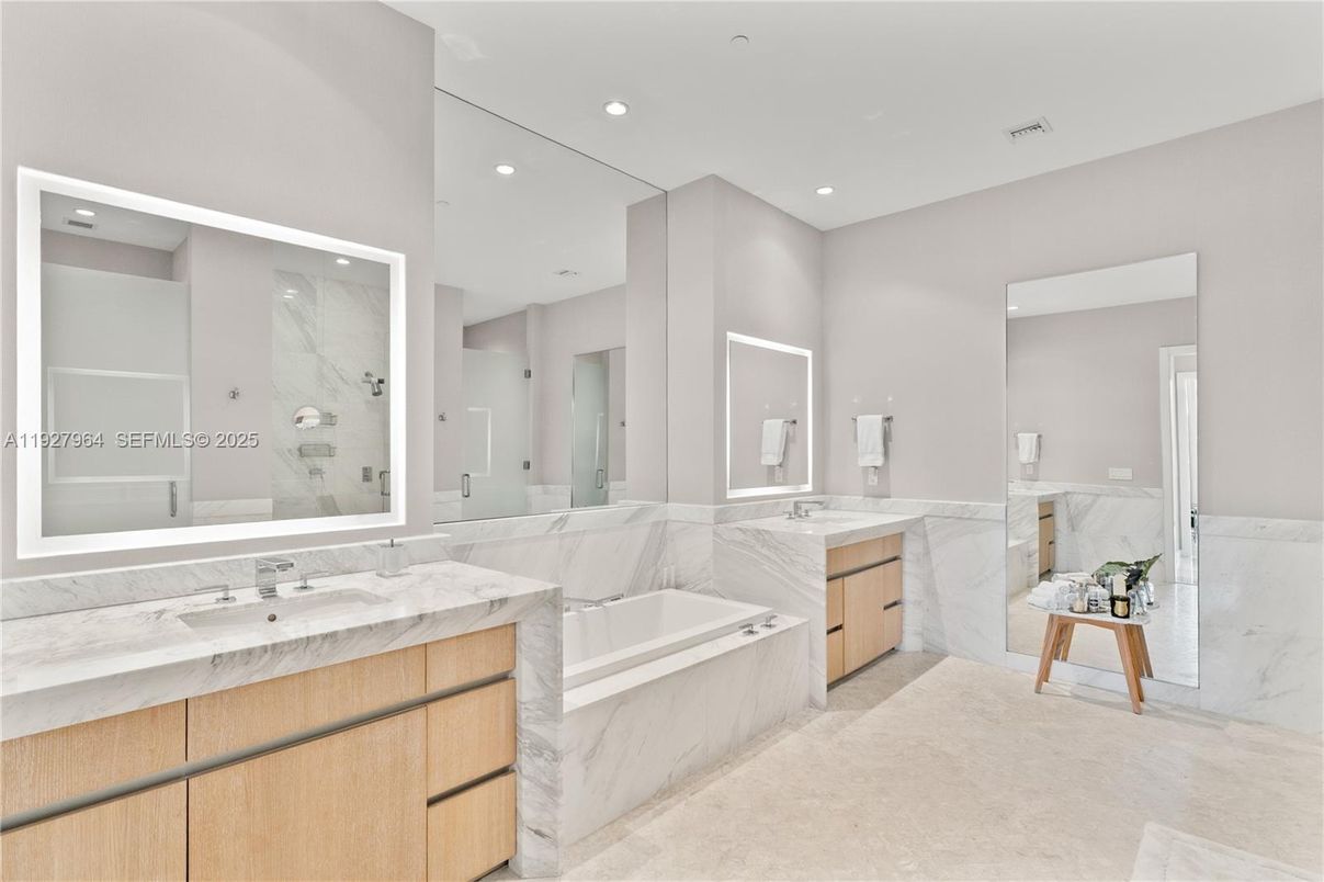 Bathroom, Dual Sink Vanities, Interior, Marble Walls, Recessed Lighting
