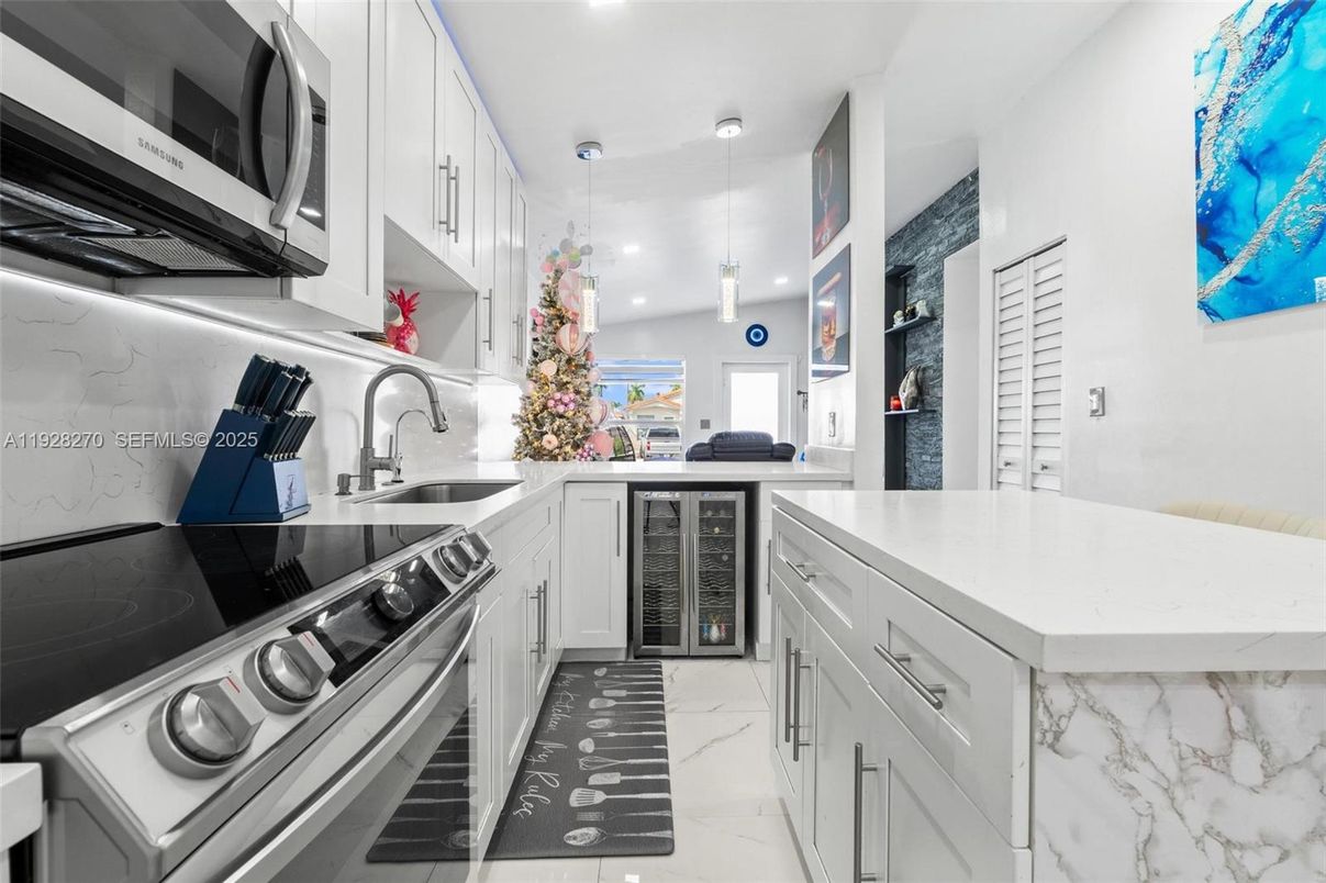 Interior, Kitchen, Marble, Pendant Lights, Recessed Lighting, Stainless Steel Appliances