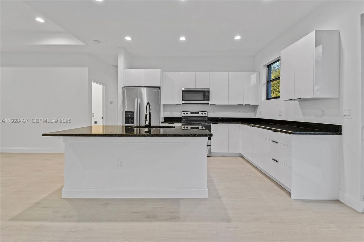 Interior, Kitchen, Recessed Lighting, Stainless Steel Appliances, Wood Texture Flooring