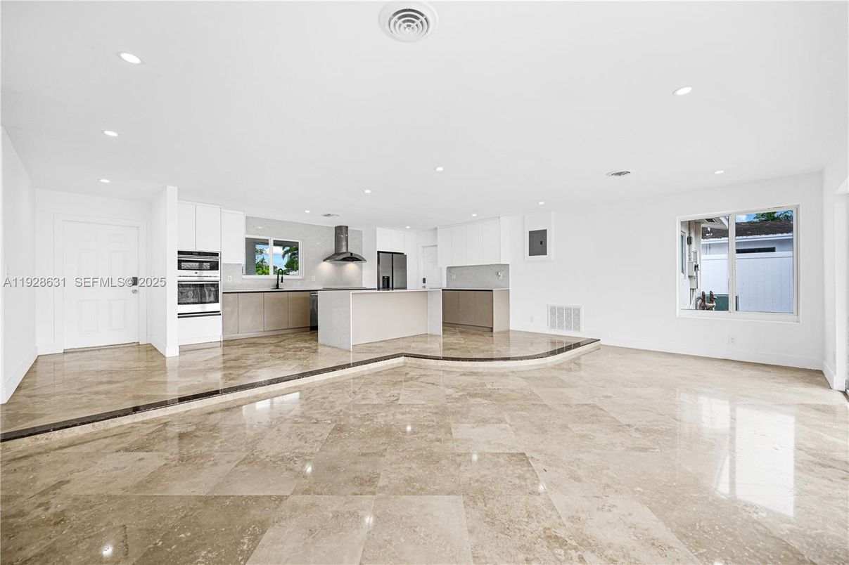 Empty room, Interior, Kitchen, Recessed Lighting, Stainless Steel Appliances