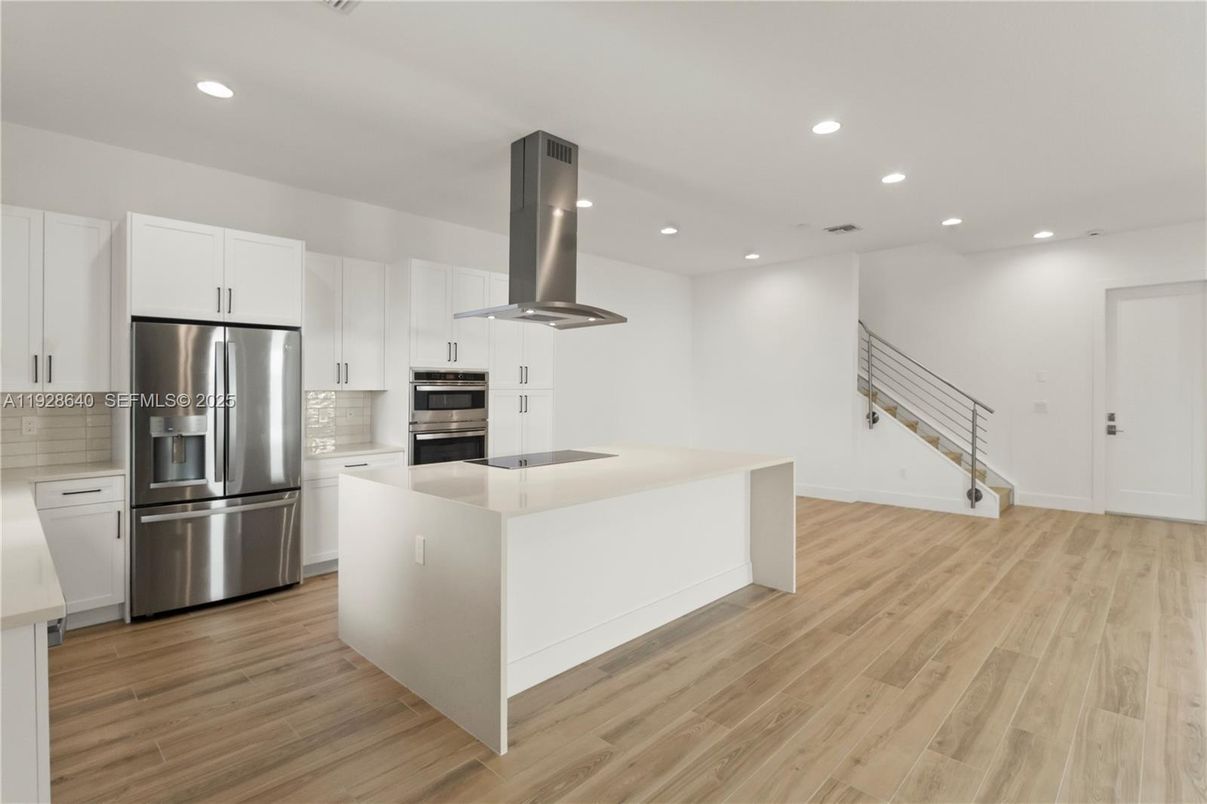 Interior, Kitchen, Recessed Lighting, Stainless Steel Appliances, Wood Texture Flooring