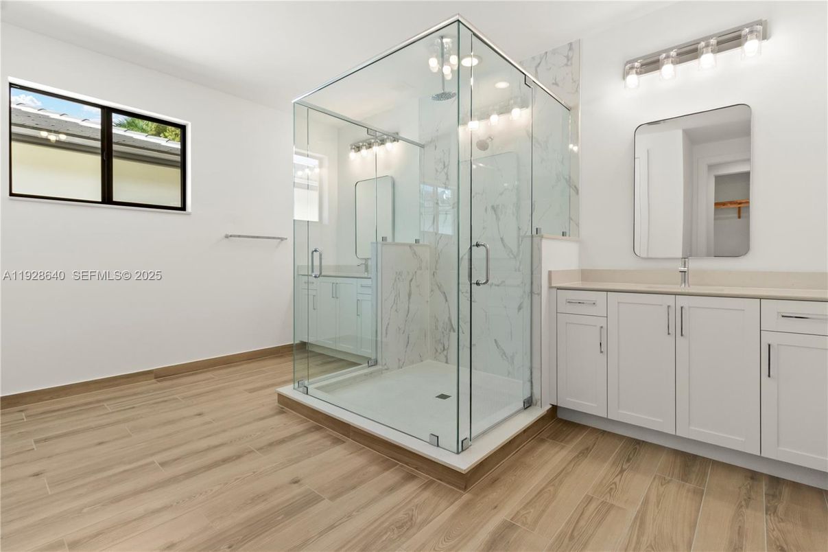 Bathroom, Glass Shower, Interior, Marble Walls, Wood Texture Flooring