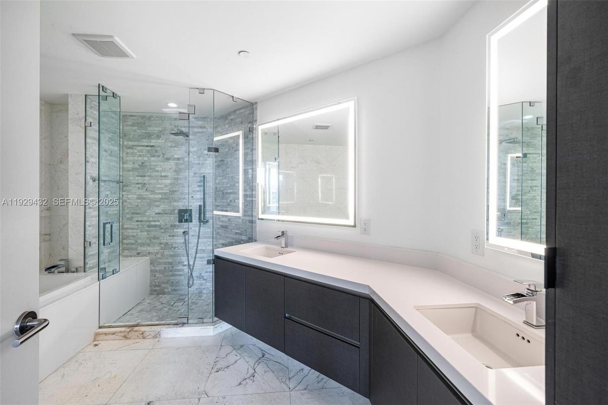 Bathroom, Dual Sink Vanities, Glass Shower, Interior, Marble, Recessed Lighting