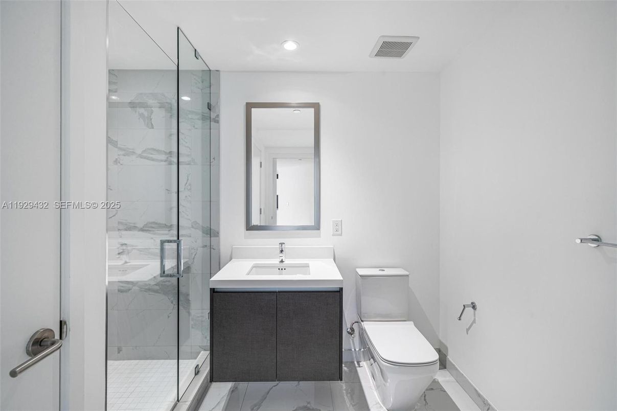 Bathroom, Glass Shower, Interior, Marble, Marble Walls, Recessed Lighting