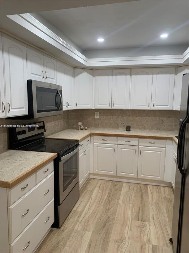 Interior, Kitchen, Marble, Recessed Lighting, Wood Texture Flooring