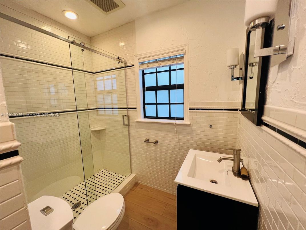 Bathroom, Glass Shower, Interior, Recessed Lighting, Wood Texture Flooring