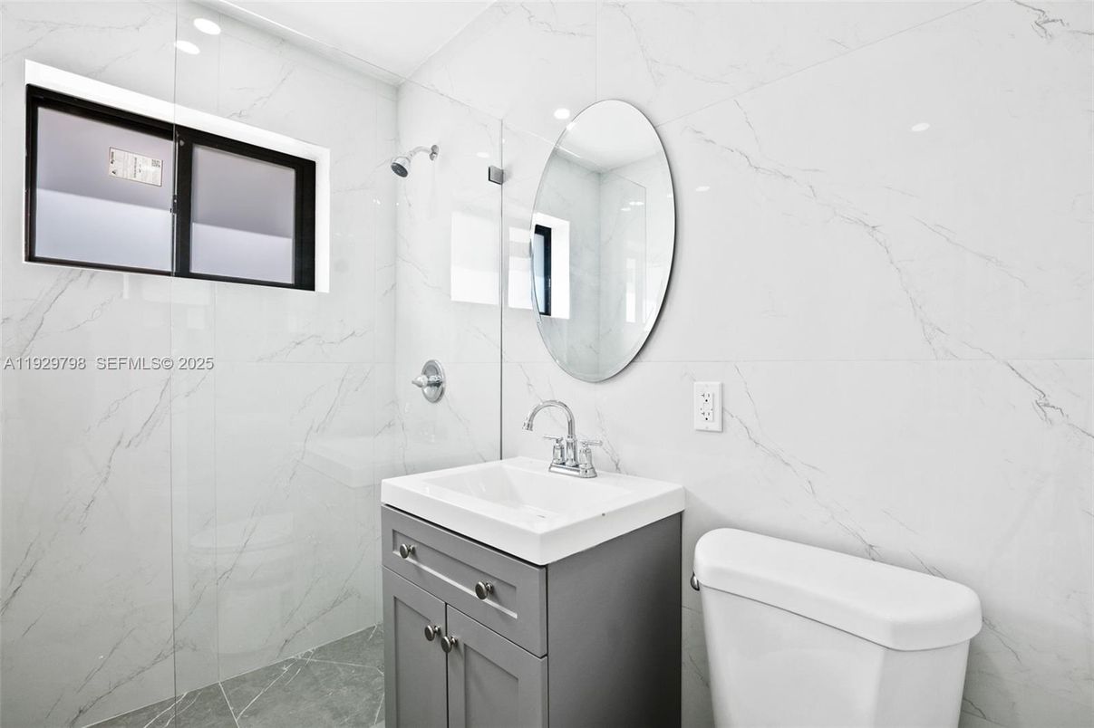 Bathroom, Glass Shower, Interior, Marble Walls, Recessed Lighting