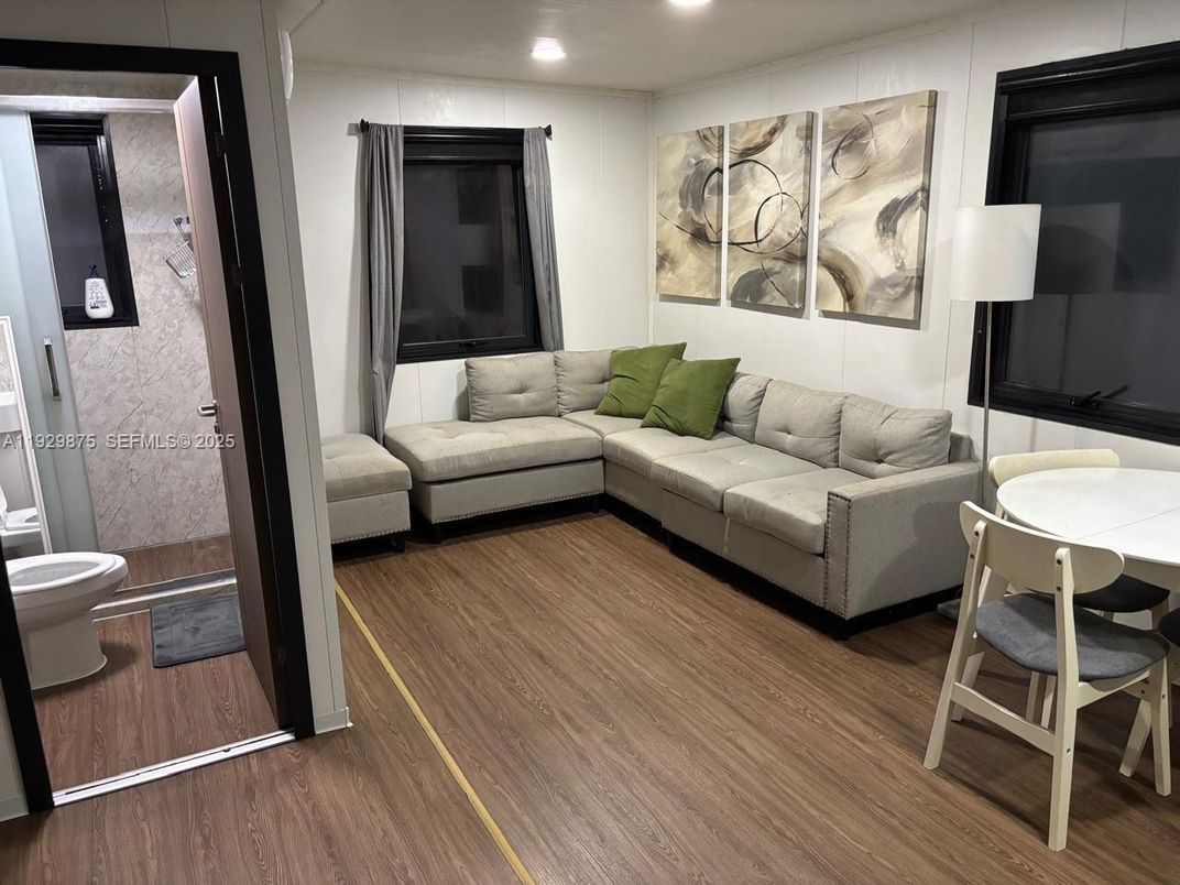 Dining room, Interior, Living room, Recessed Lighting, Wood Texture Flooring