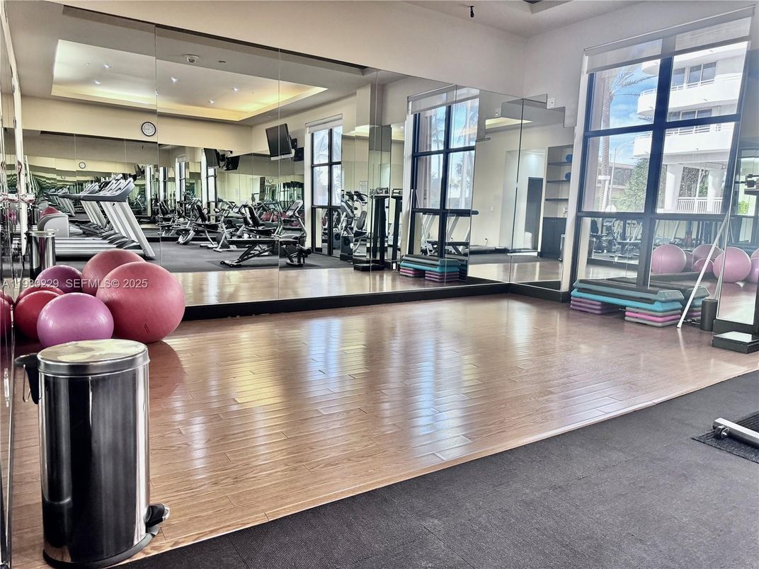 Fitness Equipment, Gym, Interior, Recessed Lighting, Wood Texture Flooring